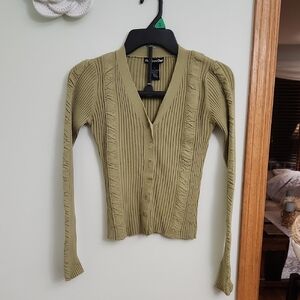 Olive Green Button-Up Ribbed Blouse